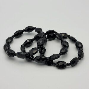 Black Faceted Crystal Glass Bead Stretch Bracelet Set Of 3 6.5 Inch  Sizable